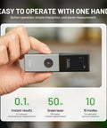 Dope Green Laser Distance Meter With 165 Feet Range, 2mm Accuracy, Rechargeable Battery, Handheld Measuring Tool For Quick, Precise Distance And Area Calculations. Handheld gray and black laser meter in one hand
