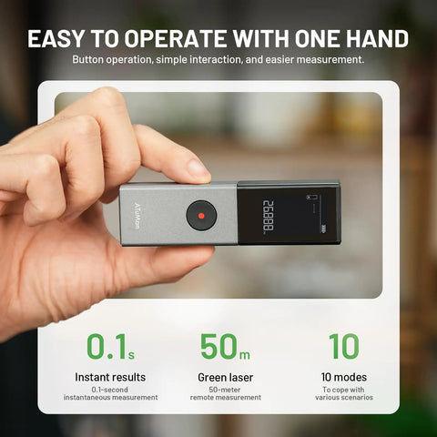 Dope Green Laser Distance Meter With 165 Feet Range, 2mm Accuracy, Rechargeable Battery, Handheld Measuring Tool For Quick, Precise Distance And Area Calculations. Handheld gray and black laser meter in one hand