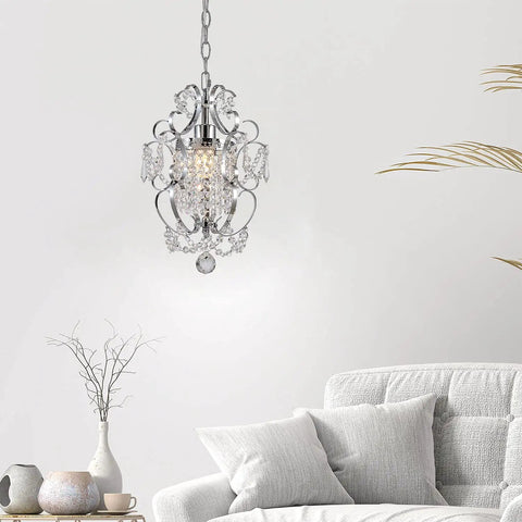 Plug In Chrome Crystal Chandelier With 14.3 Ft Cord And On Off Switch, mini hanging fixture in living room, 110V, E26 base.