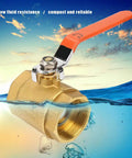 Heavy Duty Brass Ball Valve DN40 For Kickin Up Water Oil And Gas Flow Pro Grade Plumbing Fitting showing valve in water with orange lever.