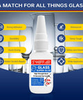 Crystal Clear Glass Adhesive For Cracks And Repairs Heavy Duty Waterproof And Heat Resistant Glue bottle with features display