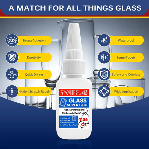 Crystal Clear Glass Adhesive For Cracks And Repairs Heavy Duty Waterproof And Heat Resistant Glue bottle with features display