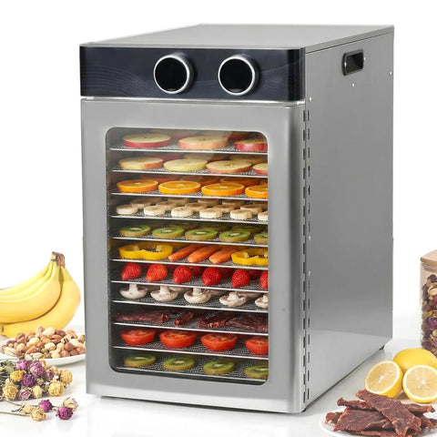 Top Tier Electric Food Dehydrator With Twelve Stackable Trays and some sweet watt power, showcasing various fruits and snacks inside.