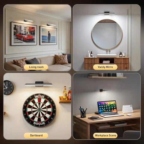 Rechargeable Wall Mounted Picture Light With Remote Control Featuring Three Color Modes And Adjustable Brightness For Gallery Grade Art Display Absolute Game Changer In Sleek Black Finish Next Level Home Decor Vibe in living room and vanity mirror settings.