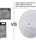 Image comparing round and rectangular reflectors for Invisible Retro Reflective Photoelectric Beam Sensor for Garage Doors and Gates.