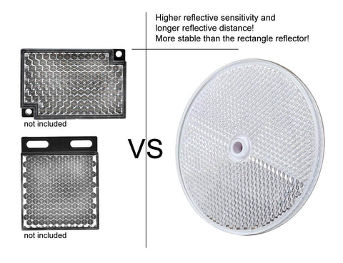 Image comparing round and rectangular reflectors for Invisible Retro Reflective Photoelectric Beam Sensor for Garage Doors and Gates.