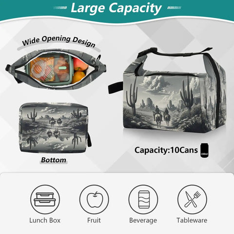 Cowboy Desert Inspired Insulated Lunch Bag With Horse Ride Design showing wide opening, large capacity, and cactus scene