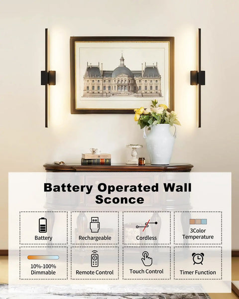 Cordless Black Rechargeable Wall Sconce With Remote 8000Mah Battery Operated Plug Free Lamp above a decorative table with flowers.