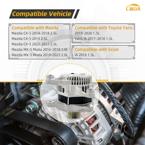 12V 100A High Output Replacement Alternator With 6 Groove Pulley for Mazda CX5 CX3 MX5 Miata Toyota Yaris 2013-2019, 2022-2023
