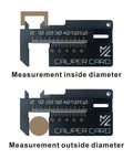 Mini Vernier Caliper Keychain, Portable Millimeter Gauge With Double Scale, black plastic construction showing inside and outside diameter measurements