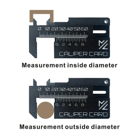 Mini Vernier Caliper Keychain, Portable Millimeter Gauge With Double Scale, black plastic construction showing inside and outside diameter measurements