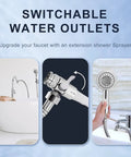 Hella Durable Shower Head Sink Faucet Bathtub Sprayer Attachment With Nine Adapters And Smart Diverter For High Pressure Bathroom Cleaning Pet Washing And Kitchen Cleanup No Fuss Setup, showing switchable water outlets.