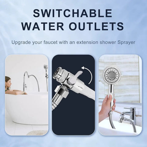 Hella Durable Shower Head Sink Faucet Bathtub Sprayer Attachment With Nine Adapters And Smart Diverter For High Pressure Bathroom Cleaning Pet Washing And Kitchen Cleanup No Fuss Setup, showing switchable water outlets.