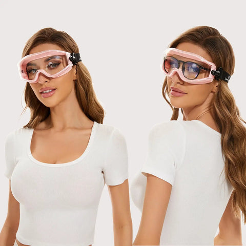 Model wearing Over Glasses Safety Goggles With Anti Fog Clear Lens, ANSI Z87.1 Eye Protection For Lab Work And Industrial Use