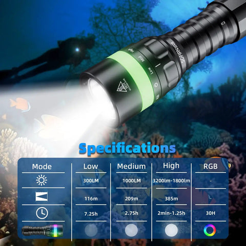 SD08 Dive Light 3200lm Bright Scuba Flashlight With IPX8 Waterproof Seal illuminating underwater scenery