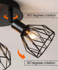 Three Light Ceiling Mount Kitchen Fixture With Multi Directional Rotating Black Iron Lamp Shades For Farmhouse Style Kitchens Dining Rooms Porches And Hallways E12 Bulb Not Included showing rotation angles.