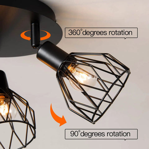 Three Light Ceiling Mount Kitchen Fixture With Multi Directional Rotating Black Iron Lamp Shades For Farmhouse Style Kitchens Dining Rooms Porches And Hallways E12 Bulb Not Included showing rotation angles.
