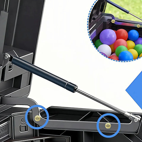 Two Pack Deck Box Hydraulic Hinge Replacement Kit with installed hinge, showing balls stored inside deck box lid