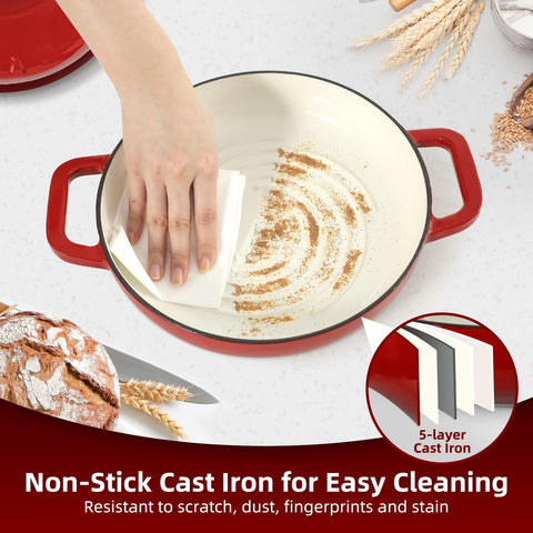 Hand cleaning 5 Quart Cast Iron Dutch Oven For Sourdough Baking With Domed Enamel Lid demonstrating non-stick properties.
