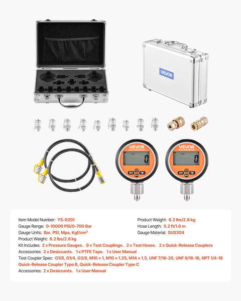 Digital Hydraulic Pressure Test Kit With Dual Gauge 0 To 10000 PSI Manometer Tester Includes Nine Test Couplings