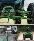 Collage showing 3500 Lb 12V Electric Winch For ATV UTV Boat with wired remotes, roller fairlead, recovery winch on green ATV off-road