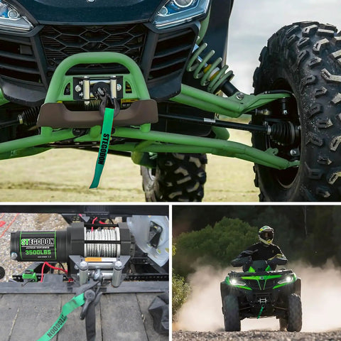 Collage showing 3500 Lb 12V Electric Winch For ATV UTV Boat with wired remotes, roller fairlead, recovery winch on green ATV off-road