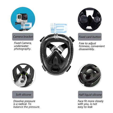 Black full face diving mask with camera bracket, fixed card button, and soft silicone for underwater photography and comfort