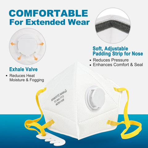 NIOSH Approved N95 Respirator Mask 10 Pack With Breathing Valve, showing exhale valve and adjustable nose padding