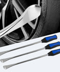 Heavy Duty Motorcycle Tire Spoon Kit With 14.5 Inch Tire Irons Rim Protectors in use on a motorcycle wheel