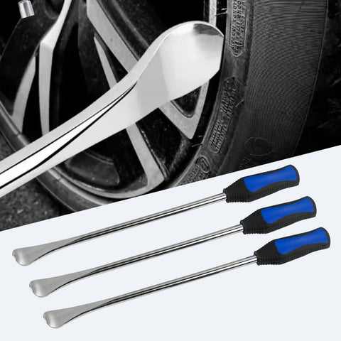 Heavy Duty Motorcycle Tire Spoon Kit With 14.5 Inch Tire Irons Rim Protectors in use on a motorcycle wheel