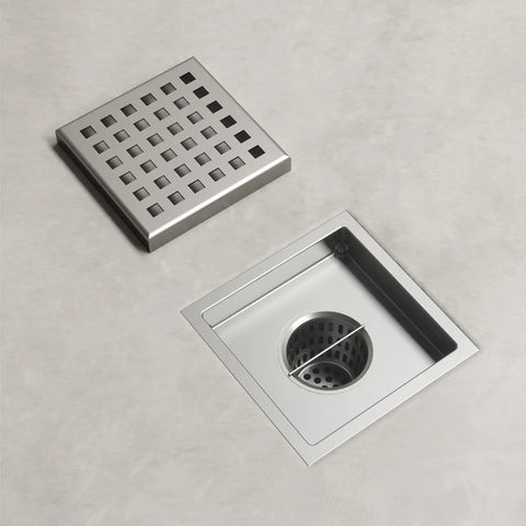 Modern Square Shower Drain With Brushed Nickel Finish No Fuss Install Rust Resistant Grid Cover Streamlined Design Premium Bathroom Fixture with visible square grid cover and drain.