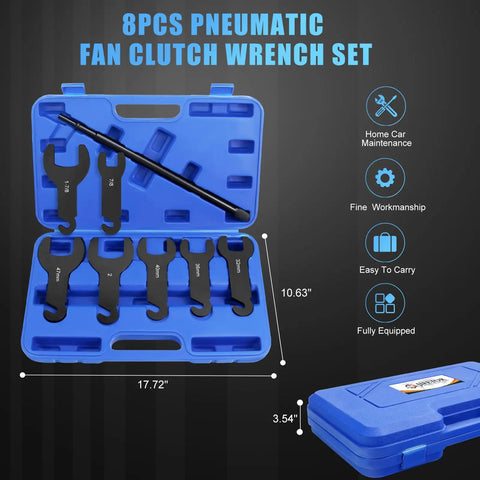 8 Piece Pneumatic Fan Clutch Wrench Set For Auto Repair With Beefy Heavy Duty 7 Driving Wrenches Including 22Mm 32Mm 36Mm 40Mm 47Mm 48Mm 51Mm To Fasten Or Loosen Fan Clutch And Water Pump Nuts Universal Fit For Most Car Brands.
