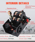 Interior details of pressure switch kit for air compressors showing regulating screw and connectors, 4-way circuit type.