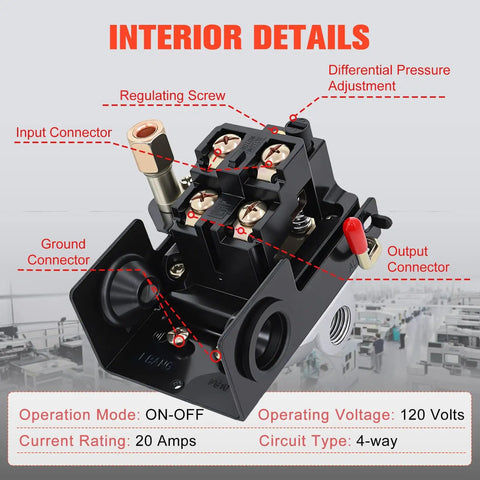 Interior details of pressure switch kit for air compressors showing regulating screw and connectors, 4-way circuit type.