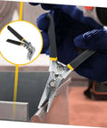 Pro Grade Manual Metal Bender Tool for Sheet Metal used on a steel seam with duckbill pliers, close-up of anti-slip grip