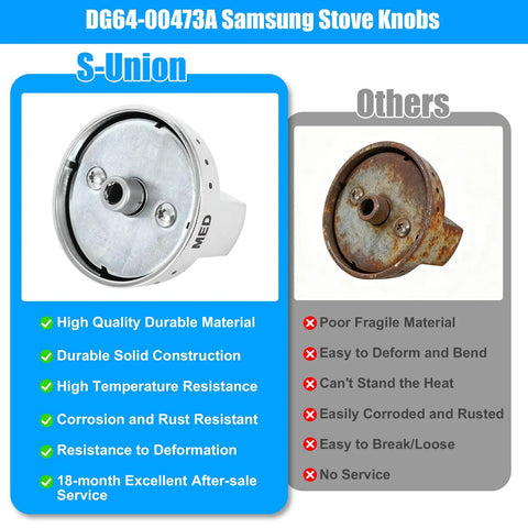 Comparison of DG64-00473A Samsung Stove Knobs showing high-quality material versus rusty, fragile competitors.