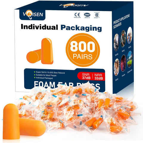 Soft Foam Ear Plugs For Sleeping And Travel, 800 Pairs, 32dB NRR And 37dB SNR, Noise Blocking, individually packaged