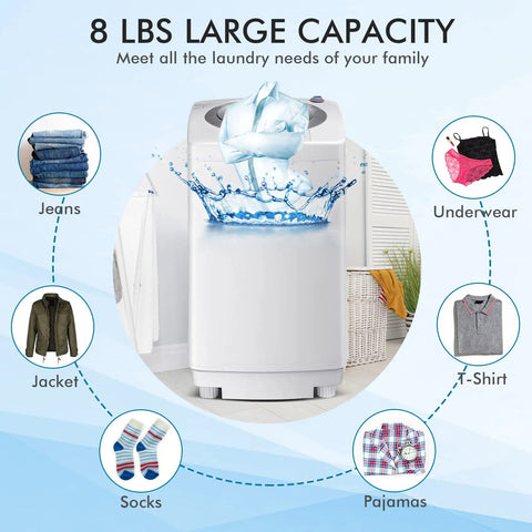 8 Pounds Compact Laundry Washer Spin Dryer Combo With Led Display showing various clothes for easy laundry needs.