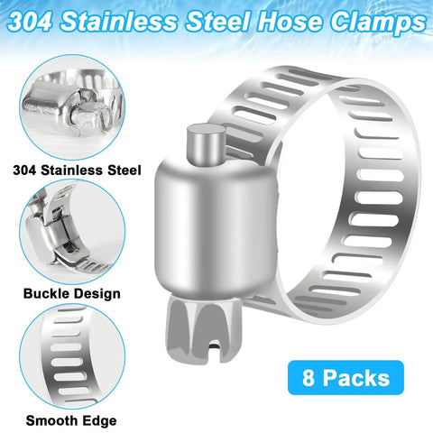 Close-up of 304 stainless steel hose clamps with buckle design in an 8-pack, for Three Eighths Inch Self Sinking Aeration Hose Kit.