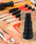 Heavy Duty Drill Stop Collar Set With Wrenches For Woodworking 24 Piece Eight Sizes Carbon Steel with tools in background