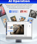 Computer display showing AI software interface for image processing with templates and animal art. Includes AtomStack logo.