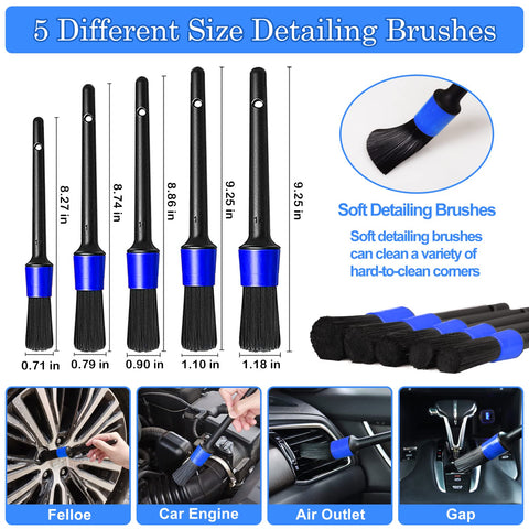 Five different size detailing brushes from 27 Piece Car Detailing Kit With Drill Brush Set And Wash Mitts For Interior Exterior And Wheels