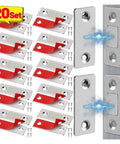 Ultra Thin Magnetic Cabinet Catches With Invisible Magnets Self Adhesive Furniture Latch Six Set Silver For Wardrobe Doors Drawers And Cabinets That Are Strong Durable And Corrosion Resistant displayed in 20 sets with adhesive backing and screws.