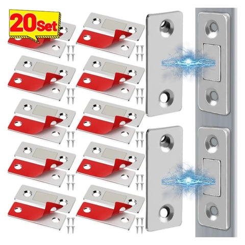 Ultra Thin Magnetic Cabinet Catches With Invisible Magnets Self Adhesive Furniture Latch Six Set Silver For Wardrobe Doors Drawers And Cabinets That Are Strong Durable And Corrosion Resistant displayed in 20 sets with adhesive backing and screws.