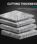 Illustration of metal plates with different thicknesses labeled 4mm to 16mm, showing cutting capabilities of 55 Amp Plasma Cutter With Touch Pilot Arc Inverter Dual Voltage 110V 220V High Frequency IGBT Clean Cuts Through Painted Rusted Surfaces On Mild Steel Aluminum Stainless Steel.