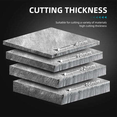 Illustration of metal plates with different thicknesses labeled 4mm to 16mm, showing cutting capabilities of 55 Amp Plasma Cutter With Touch Pilot Arc Inverter Dual Voltage 110V 220V High Frequency IGBT Clean Cuts Through Painted Rusted Surfaces On Mild Steel Aluminum Stainless Steel.