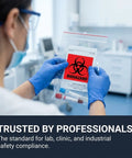 Person holding a specimen transport bag with a biohazard label in a lab setting; Straight Up Reliable 2X2 Biohazard Stickers 250 Pack No Sweat Coated Paper Warning Labels And Universal Safety Decals For Lab Hospital Or Industrial Site To Keep Your Crew Safe And Sorted.