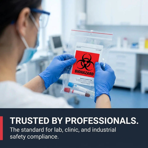 Person holding a specimen transport bag with a biohazard label in a lab setting; Straight Up Reliable 2X2 Biohazard Stickers 250 Pack No Sweat Coated Paper Warning Labels And Universal Safety Decals For Lab Hospital Or Industrial Site To Keep Your Crew Safe And Sorted.