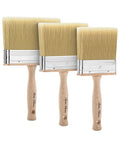 Deck Stain Brush Set 4, 5, And 6 Inch For Smooth Wood Stain Application, showcasing three wide brushes with beige bristles.