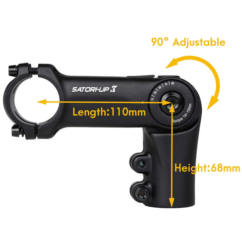 Adjustable Riser Handlebar Stem For Mountain And Road Bikes 110mm Extension Forged Alloy Construction showing 0 to 90 degree tilt